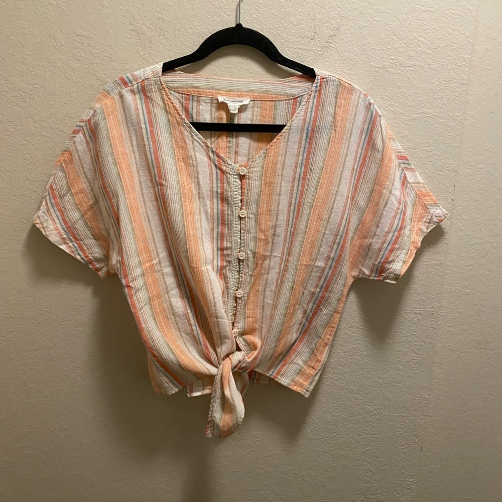 Beachlunchlounge Linen Blend Striped Button Down Tie Front Top